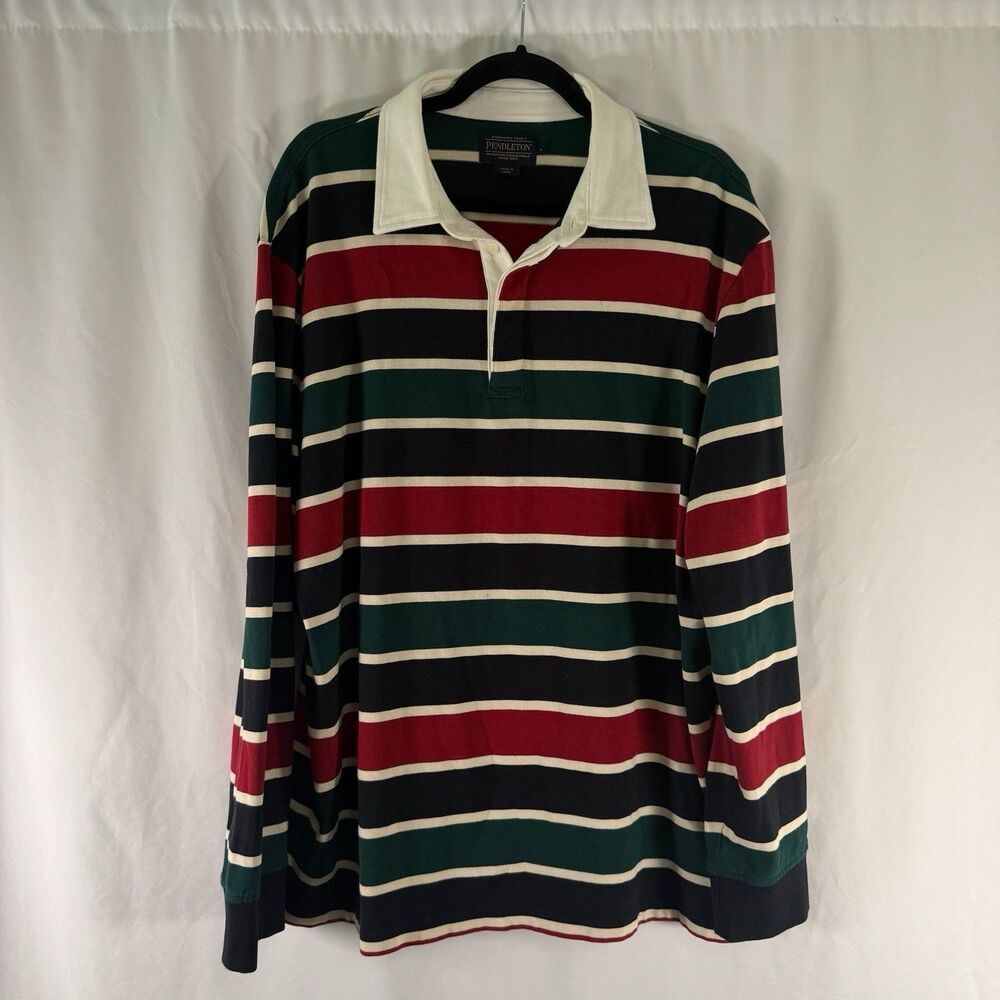 Pendleton Long Sleeve Polo Men's Large Red Green Striped Collared Pullover Cotto